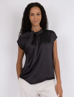 Neo Noir Fleur Drapy Satin Bluse - Sort